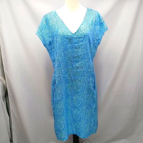 Boden Lara Linen Bold Blue Tropical Leaf Midi Dress Womans 12 Coastal Beach Wear - Picture 3 of 12